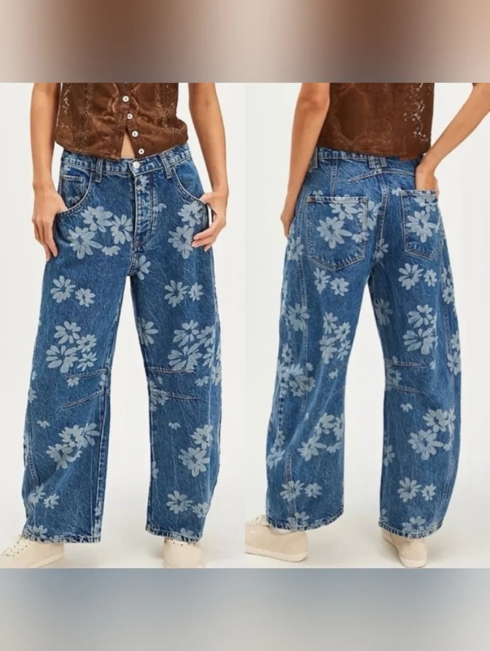 We The Free Blue Floral Good Luck Barrel Jeans - Picture 7 of 8